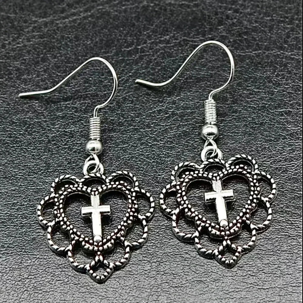 Hollow Heart Cross Elegant Zinc Alloy Dangle Earrings NEW